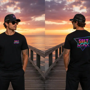 Saltworx apparel — men's premium tee worn with the coastal trucker cap