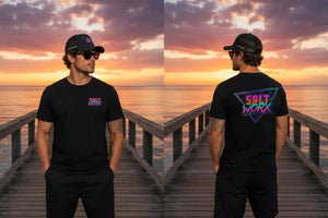 Saltworx apparel — men's premium tee worn with the coastal trucker cap