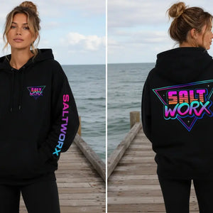 Saltworx unisex heavyweight hoodie in a coastal colourway, back view