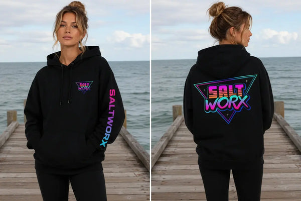 Saltworx unisex heavyweight hoodie in a coastal colourway, back view