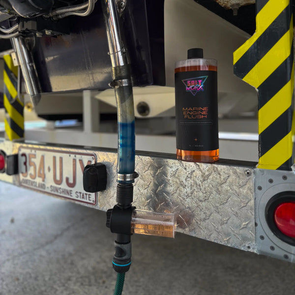 Saltworx engine flush being used on a boat outboard motor
