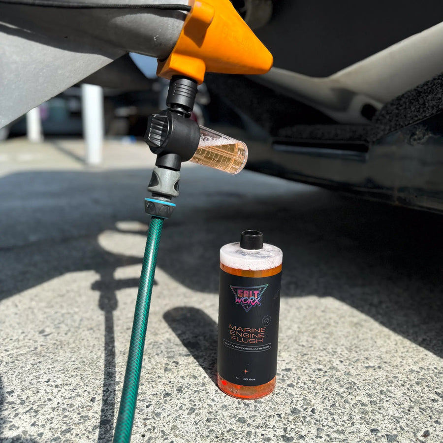 Saltworx Marine Engine Flush used on a twin outboard rig after saltwater boating