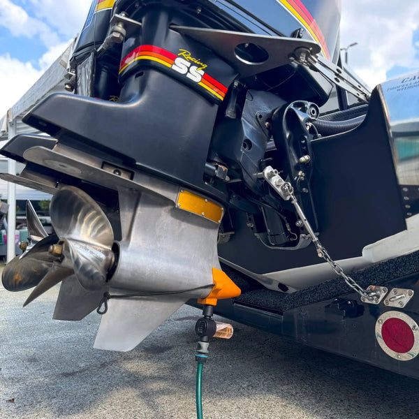 Saltworx engine flush on a twin-rig boat's outboard motors