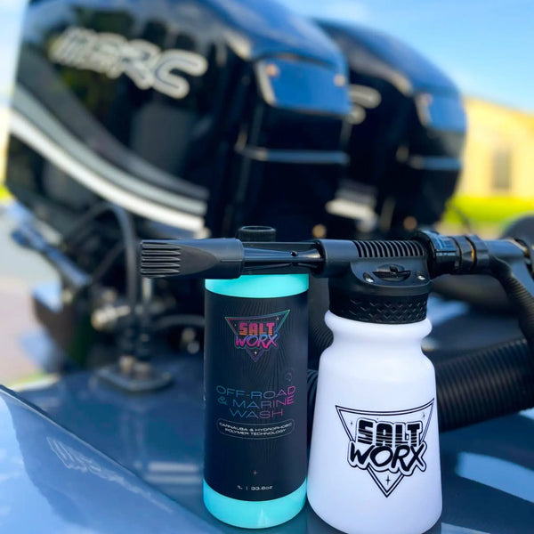 Foam Gun Wash Kit being used on a twin-rig boat
